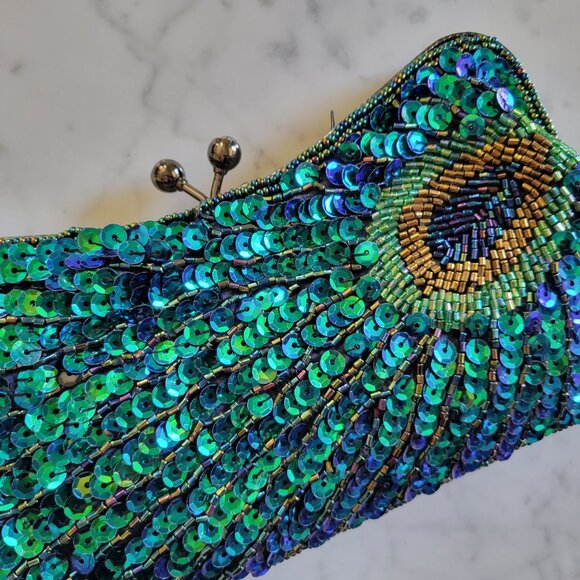 mg Collection Green & Blue Beaded and Sequined Peacock Evening Clutch - Picture 7 of 11